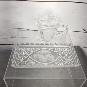 Vintage Lead Crystal Creamer & Tray W/Cherry Grape‎ Etching